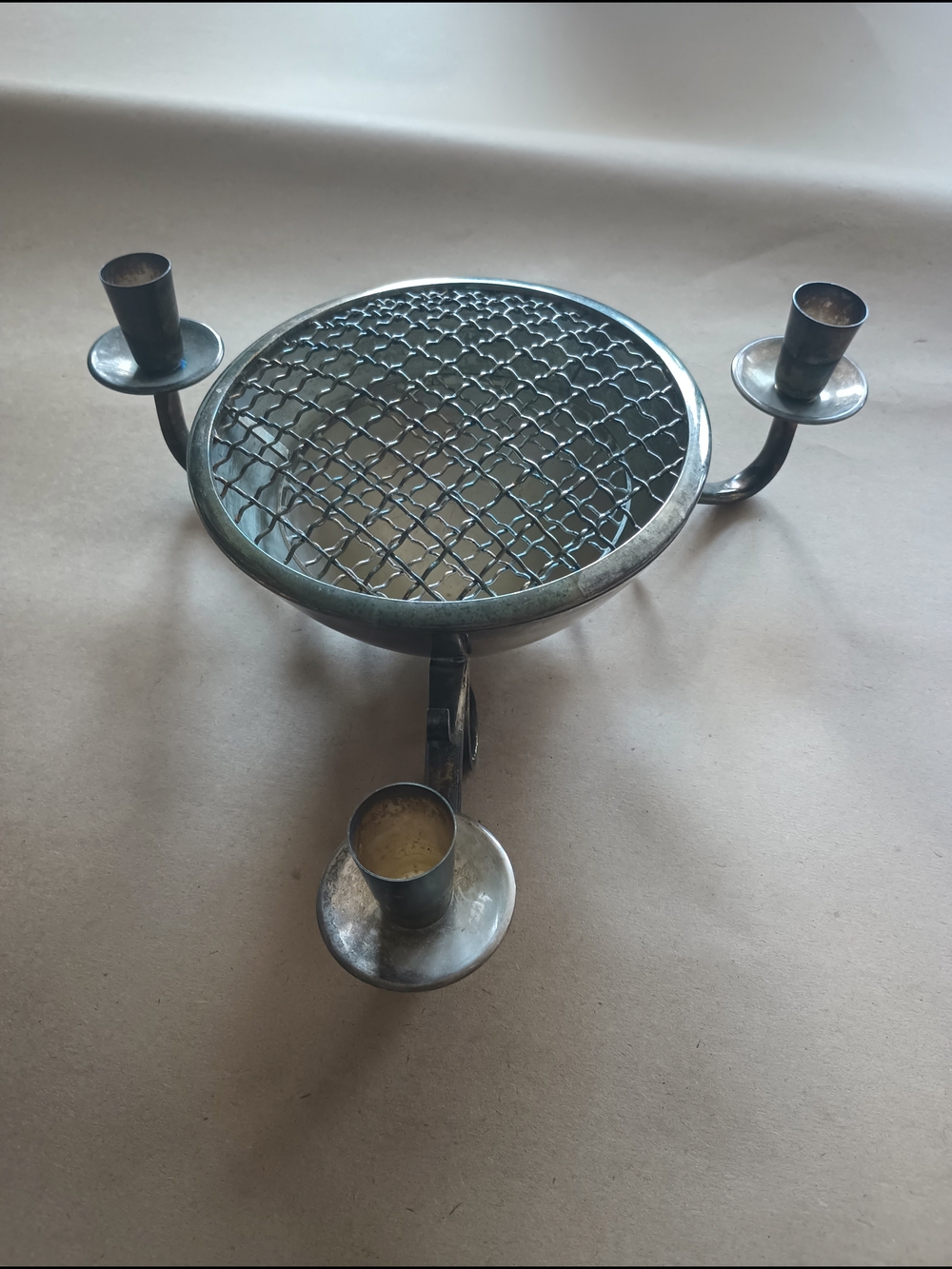 Vintage Silver Plate 3 Arm Candelabra With Flower Frog Centerpiece